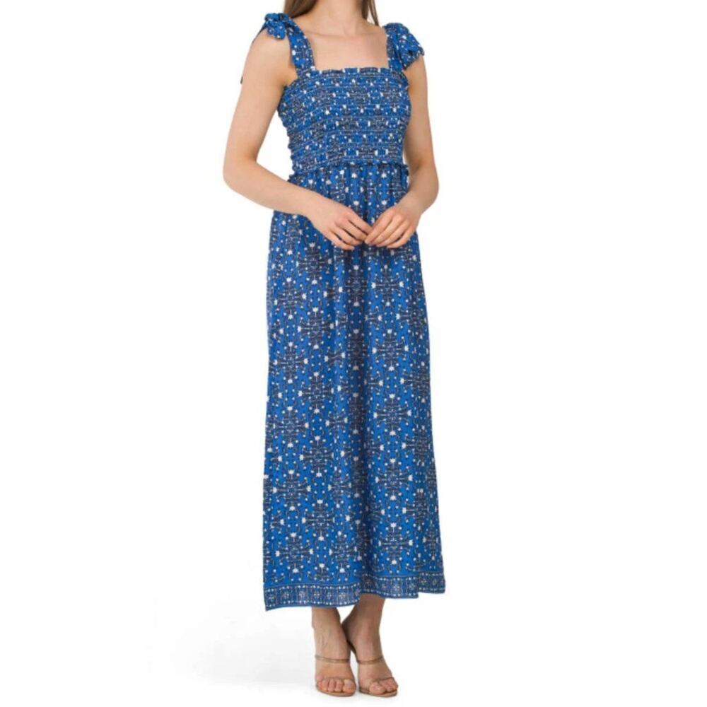 NWT Max Studio Women's Floral Print Tie Strap Smocked Bodice Maxi Dress